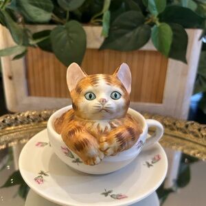 Adorable Orange Cat Figurine in Teacup